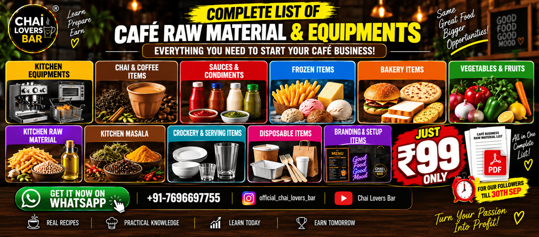 Complete café equipment, raw material, branding and setup list for starting a café business