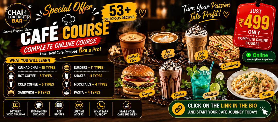 Cafe menu spread with kulhad chai, cold coffee, sandwiches, burgers, shakes and pasta on a wooden table